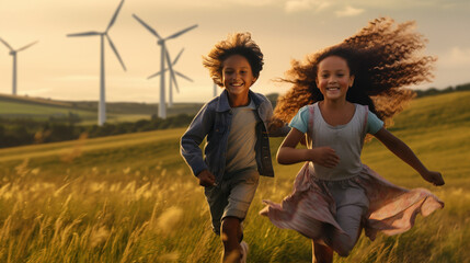 Joyful Children Running in Field with Windmills