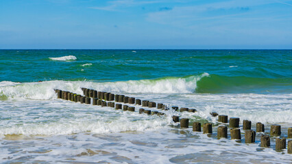 Baltic Stormy Sea. White foam. Windy weather. High waves. Logs for breaking waves. Sea green water....