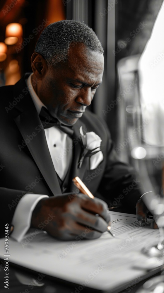 Poster a man in a tuxedo signing a document. generative ai.