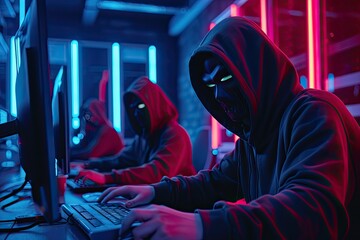 Anonymous criminal hacker organization groups in mask and hoodie. Obscured dark face using laptop...