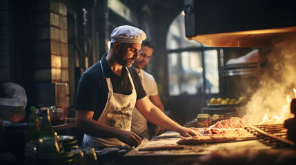 Fototapeta na wymiar Professional Chefs Preparing Pizza in a Restaurant Kitchen