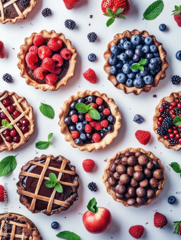 Poster various types of pies with berries and nuts on a white background. generative ai.