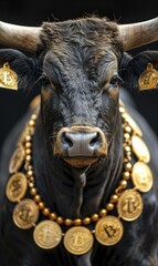 Bull with gold coins on its neck. Generative AI.