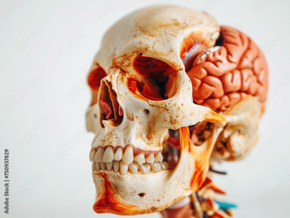 Poster a model of a human skull with the brain and other organs. generative ai.