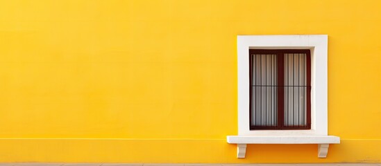 A yellow wall stands tall with a single white window in the center. Below the window, a wooden bench sits against the wall, providing a simple and functional addition to the space. The contrast