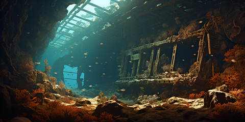 Beautiful Interior Design of a Ship Wreck Underwater on the Floor of the Ocean beautiful scene aquatic animals background - obrazy, fototapety, plakaty