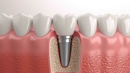 A dental implant is shown with a tooth. Generative AI.