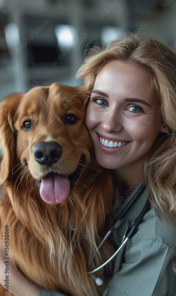 Poster A woman is holding a golden retriever dog with a stethoscope. Generative AI.