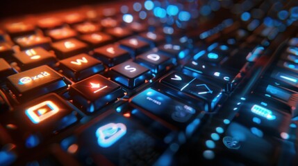 A computer keyboard adorned with illuminated icons representing cloud computing and multimedia functions - obrazy, fototapety, plakaty