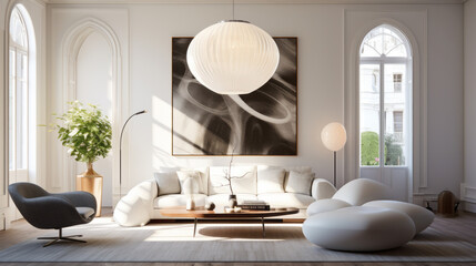 A modern living room with an eye-catching statement lighting fixture