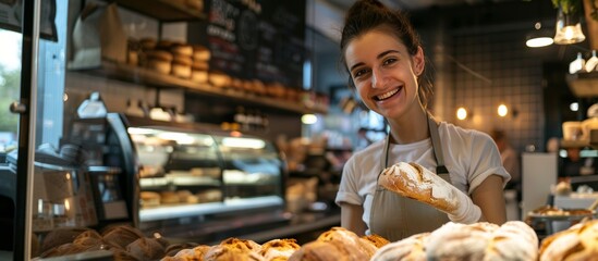 working woman in the bakery or bread dispatch