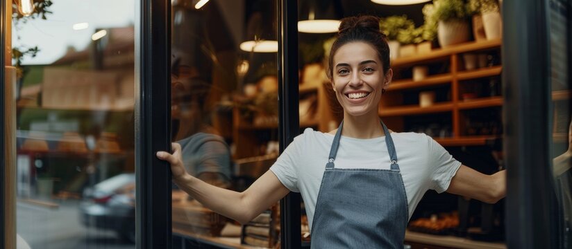 working woman at the door of establishment, businesswoman