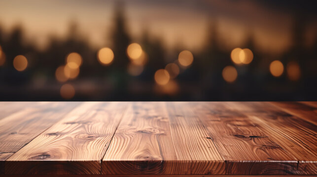 empty wooden table, abstract blurred background, bokeh lights, for mounting your product, for display product