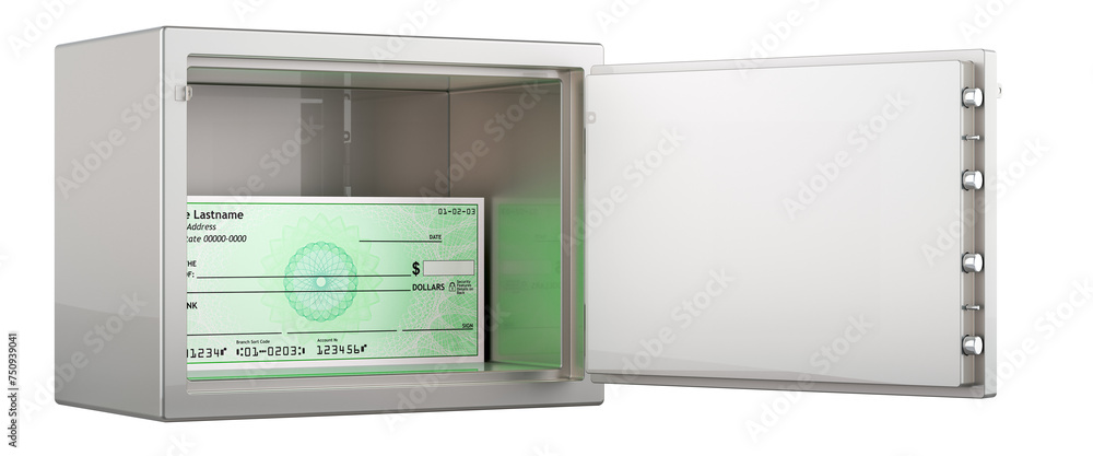 Poster blank bank check inside combination lock safe, 3d rendering isolated on transparent background