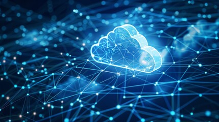 The image depicts cloud and edge computing with cybersecurity. It shows a large cloud icon above a central white cloud against a polygon connection code backdrop on a dark blue background - obrazy, fototapety, plakaty