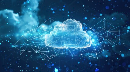 The image depicts cloud and edge computing with cybersecurity. It shows a large cloud icon above a central white cloud against a polygon connection code backdrop on a dark blue background