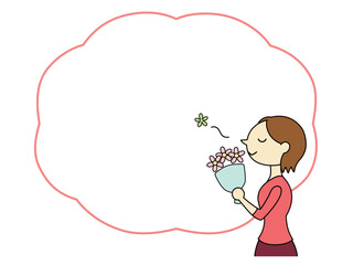 ブーケの香りを楽しむショートヘアの女性　フレーム付　主線あり