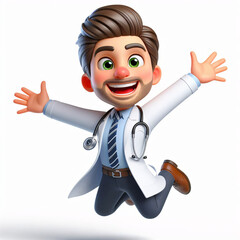 Energetic 3D doctor character jumps with joy, cartoon design, vivid colors, exaggerated characteristics, cheerful expression, textured details, concept art for animation, generative ai