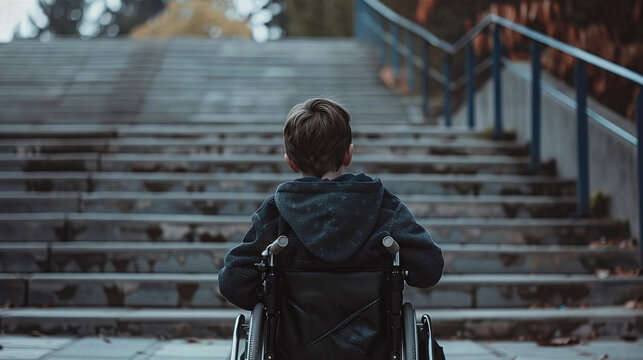 disabled boy in a wheelchair in front of a set of stairs
