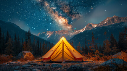 Camping in the mountains under the stars. A tent pitched up and glowing under the milky way. - obrazy, fototapety, plakaty