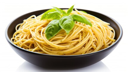 a close up of a bowl of spaghetti with basil on the top of the noodles and a sprig of basil on top of the noodles.