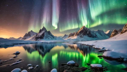 Wandcirkels aluminium Magical Aurora in the Mountains: An Unforgettable Experience © Anita