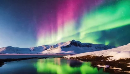 Tuinposter Aurora Borealis over Snow-Capped Mountains, Reflected in Water © Anita