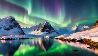 Fotobehang Aurora Borealis over Snow-Capped Mountains, Reflected in Water © Anita