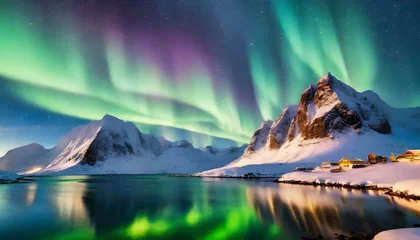 Keuken spatwand met foto Aurora Borealis over Snow-Capped Mountains, Reflected in Water © Anita