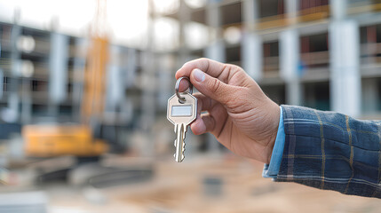 Realtor holding a house key against blurry construction background. The concept of home ownership.
