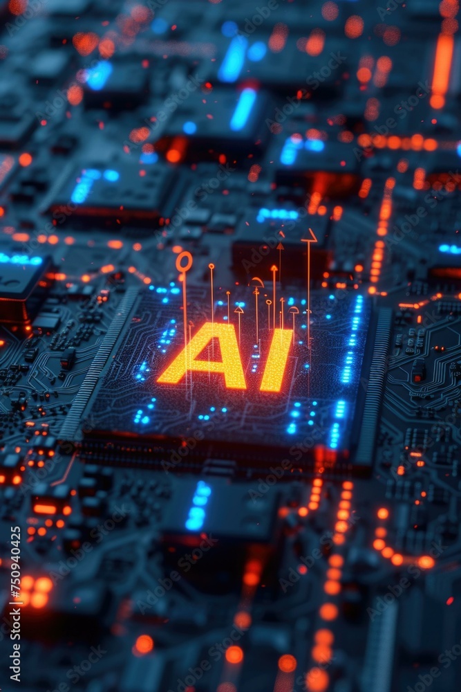Poster ai chip on a circuit board with ai symbol. generative ai.