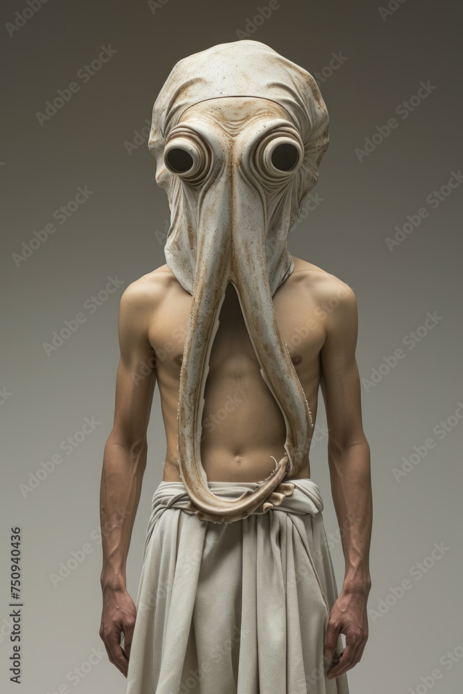 Poster a man with a large squid head on his chest. generative ai.