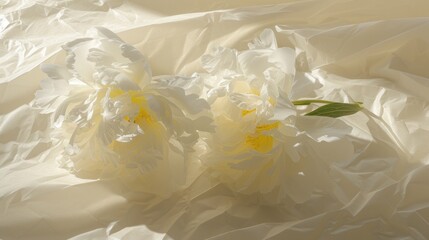 a couple of white flowers sitting on top of a white sheet of crumpled paper on top of a white sheet of paper.