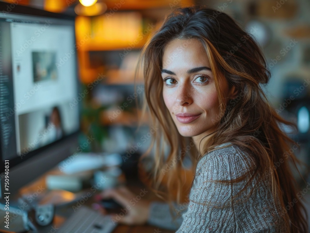 Poster a woman is sitting at a desk in front of a computer. generative ai.