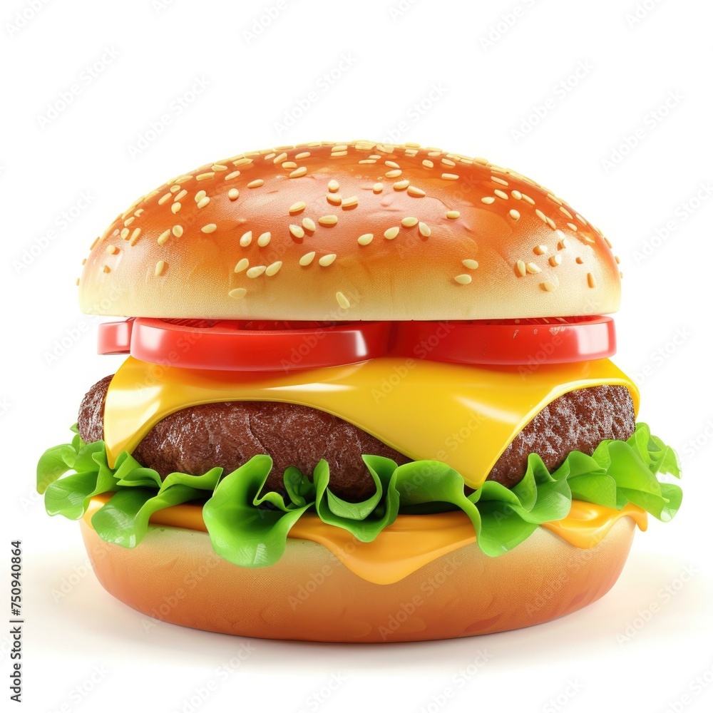 Sticker A hamburger with cheese and lettuce on a white background. Generative AI.