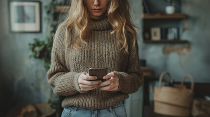 young casual woman scrolling on her phone - 750940822