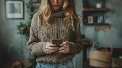 Tuinposter young casual woman scrolling on her phone © Viorel Sima