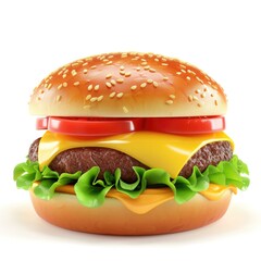 A hamburger with cheese and lettuce on a white background. Generative AI.