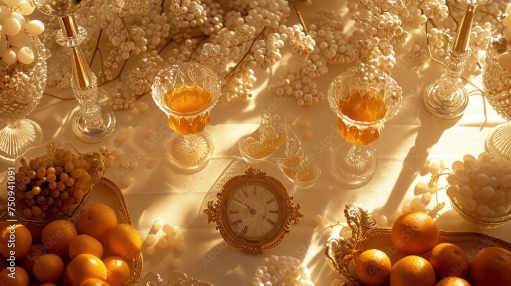Poster a table topped with oranges and a clock surrounded by other oranges and other fruit on top of a whit