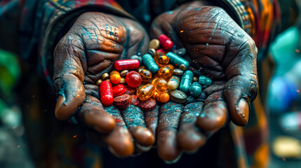 In the hands of a man, an assortment of various pills, symbolizing the concept of addiction and drug dependence, captured from an overhead perspective. - obrazy, fototapety, plakaty