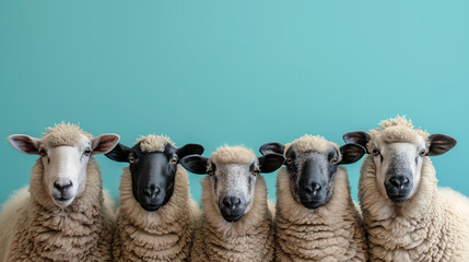group of 5 cute sheeps looking forward and standing