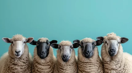 Fotobehang group of 5 cute sheeps looking forward and standing © Viorel Sima