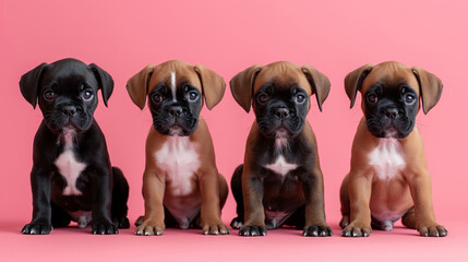 group of four little boxer dogs sitting and looking forward