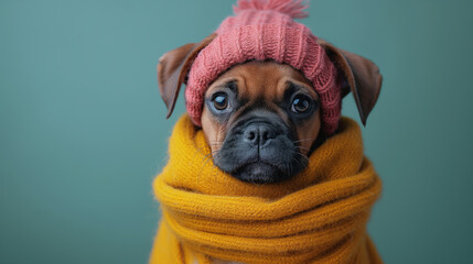 cold little boxer puppy wearing hat and scarf