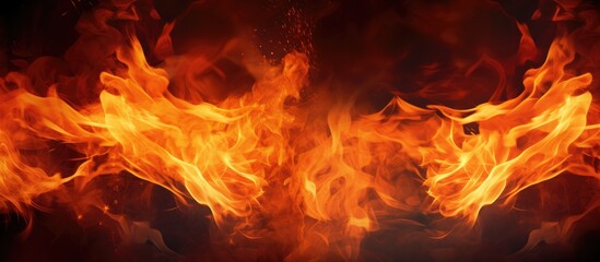 A fiery blaze burns intensely in the center of a stark black background, creating a striking contrast. The vibrant flames and glowing embers illuminate the darkness, commanding attention.