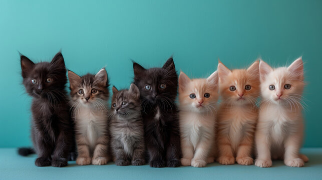 group of 7 baby cats of different types of breed sitting