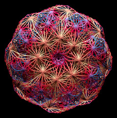 3d render of abstract art with surreal symmetry fractal circular hypnotic mandala flower based on colorful orange purple red plastic wire atomic structure on a black background