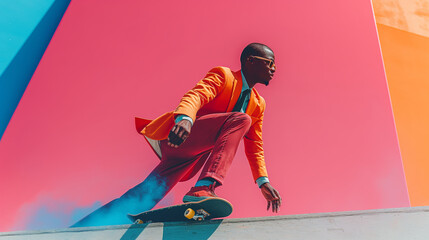 elegant black man with glasses skateboarding