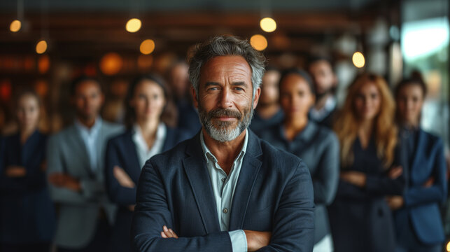 mature elegant businessman crossing arms and representing his team