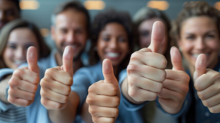 group of colleagues making thumbs up gesture and smiling
